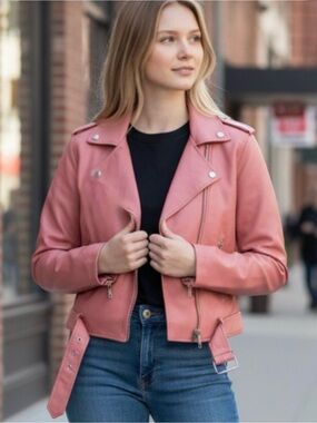 NWT Levi’s Women’s Faux-Leather Belted Hem Moto Jacket In Coral Medium